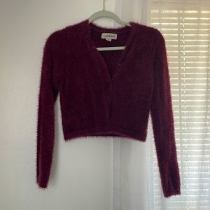 land’s end burgundy/wine fuzzy & sparkly cardigan. size M/12-14